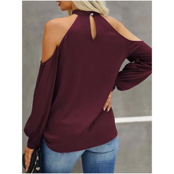 Boho Navy Blue Cut out Cold Shoulder Blouse - Picture 6 of 9